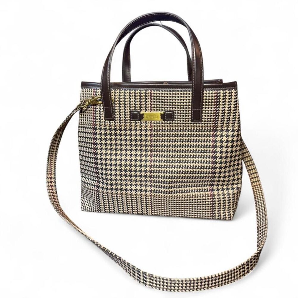 Lauren Ralph Lauren Houndstooth Plaid Tote Bag Brown Leather Trim Top Handle